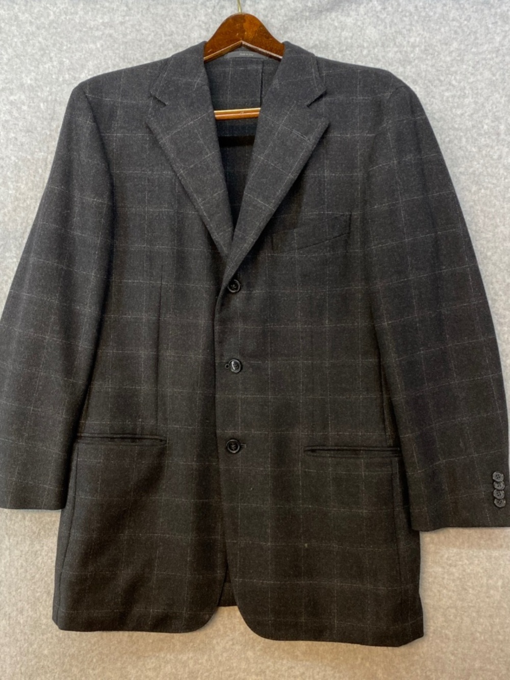 Ermenegildo Zegna Blazer Size 44 US Windowpane • Grey • Wool • 3 Button